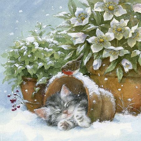 Servilleta para decoupage: Gatito y petirrojo. 33x33 cm. Los mejores productos en L'aura Bella tu tienda online