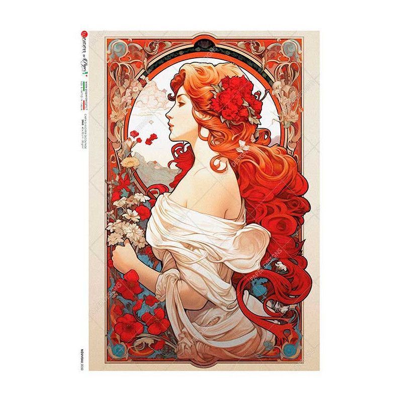 Chica con vestido blanco Art Nouveau, Mucha. Papel de arroz A2. Los mejores productos en L'aura Bella, tu tienda online