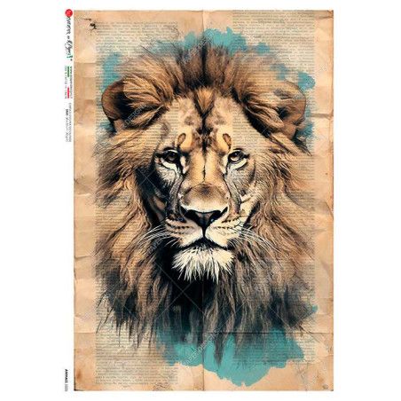 León sobre fondo de periódico. Papel de arroz A3, 45x32 cm. Los mejores productos en L'aura Bella, tu tienda online