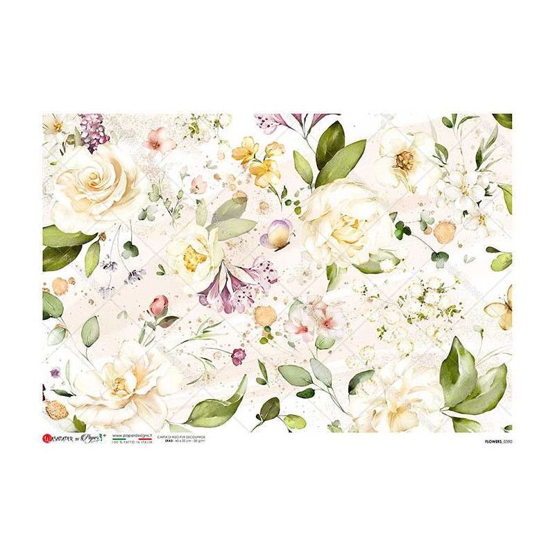 Rosas color crema y otras flores. Papel de arroz A3, 45x32 cm. Los mejores productos en L'aura Bella, tu tienda online