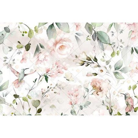 Flores rosas, plantas y pájaros. Papel de arroz A2. Los mejores productos en L'aura Bella, tu tienda online