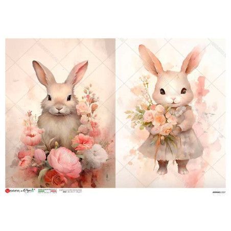 Dos conejitos con flores. Papel de arroz A4, 22x32 cm. Los mejores productos en L'aura Bella, tu tienda online