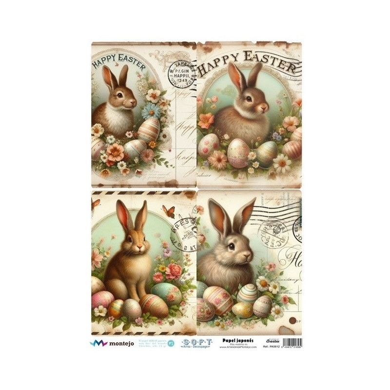 4 imágenes con conejos de Pascua. SPA5612. papel soft japonés. Montejo. Los mejores productos en L'aura Bella, tu tienda online