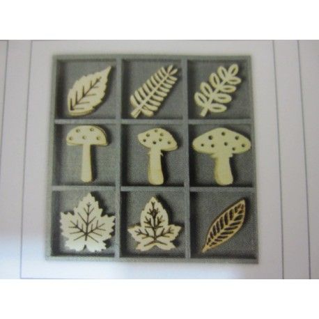 9 decoraciones de madera. Hojas y setas.