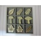 9 decoraciones de madera. Hojas y setas.