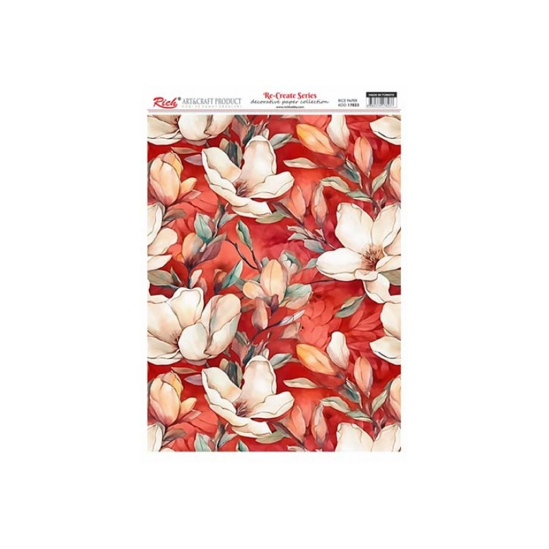 Magnolias sobre fondo rojo. Papel de arroz 29.7x42cm. 17823. Rich. Los mejores productos en L'aura Bella, tu tienda online
