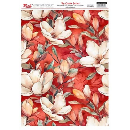 Magnolias sobre fondo rojo. Papel de arroz 29.7x42cm. 17823. Rich. Los mejores productos en L'aura Bella, tu tienda online