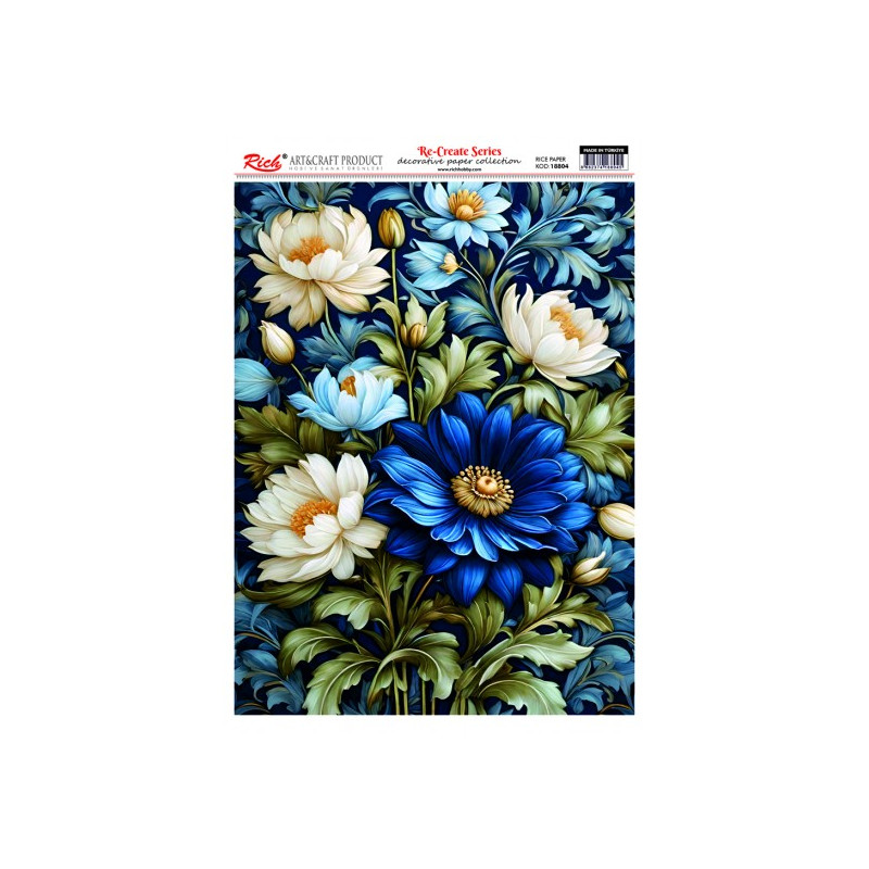 Flores azules y blancas. Papel de arroz 29.7x42cm. 18804. Rich. Los mejores productos en L'aura Bella, tu tienda online