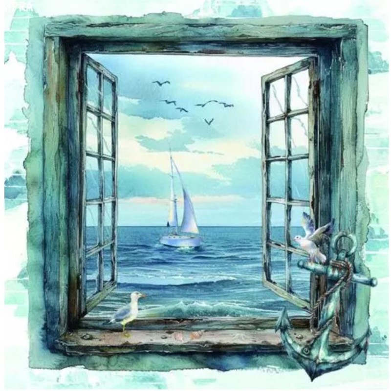 Servilleta para decoupage: Ventana abierta con vistas al mar. 370240. Los mejores productos en L'aura Bella, tu tienda online