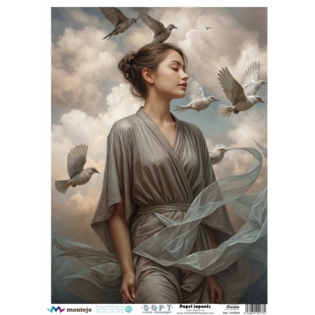 Mujer con pájaros volando 2.. SPA5839. papel soft japonés. Montejo. Los mejores productos en L'aura Bella, tu tienda online