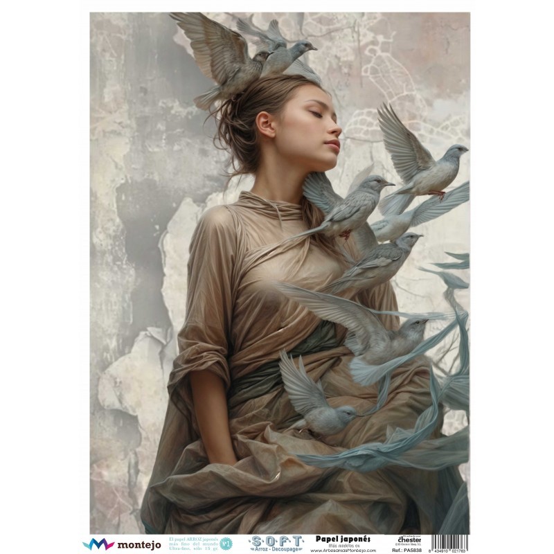Mujer con pájaros volando 1.. SPA5838. papel soft japonés. Montejo. Los mejores productos en L'aura Bella, tu tienda online