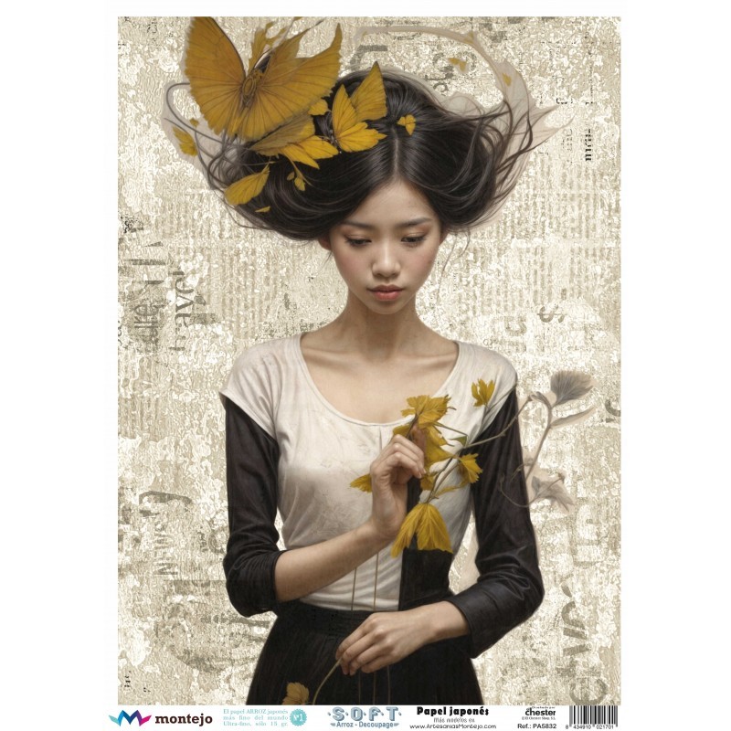 Mujer con hojas y mariposas. SPA5832. papel soft japonés. Montejo. Los mejores productos en L'aura Bella, tu tienda online