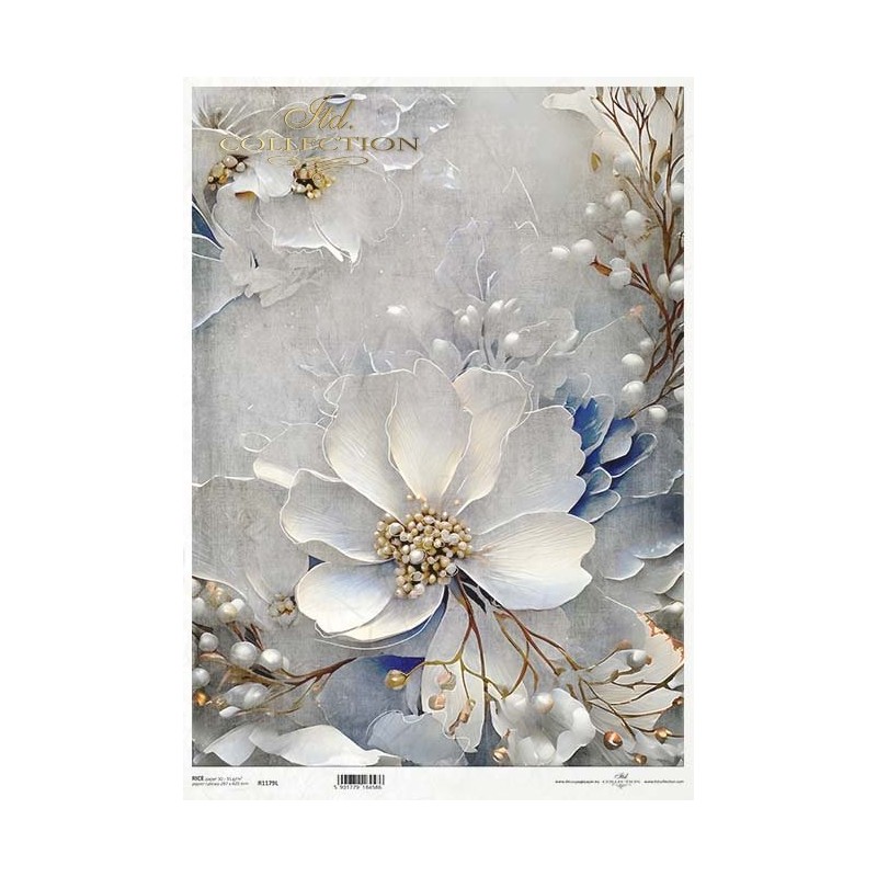 Flores Blancas. Papel de arroz A3. Decoupage. ITD Collection. R1179L. Los mejores productos en L'aura Bella, tu tienda online