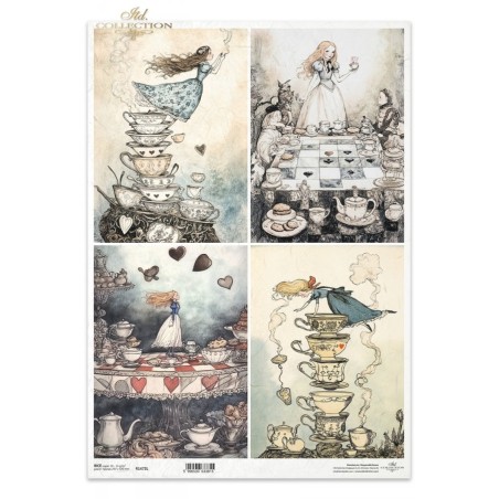 Tomando té, 4 imágenes. Alicia. Papel arroz A3. Decoupage. ITD. R1472L. Los mejores productos en L'aura Bella, tu tienda online