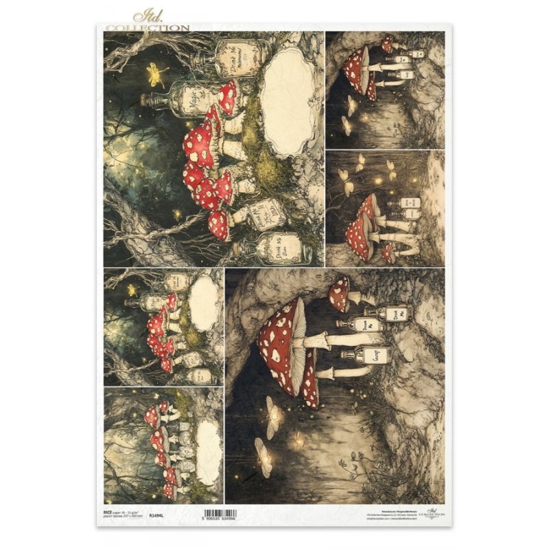 Setas y botellas, 6 imágenes. Papel arroz A3. Decoupage. ITD. R1494L. Los mejores productos en L'aura Bella, tu tienda online