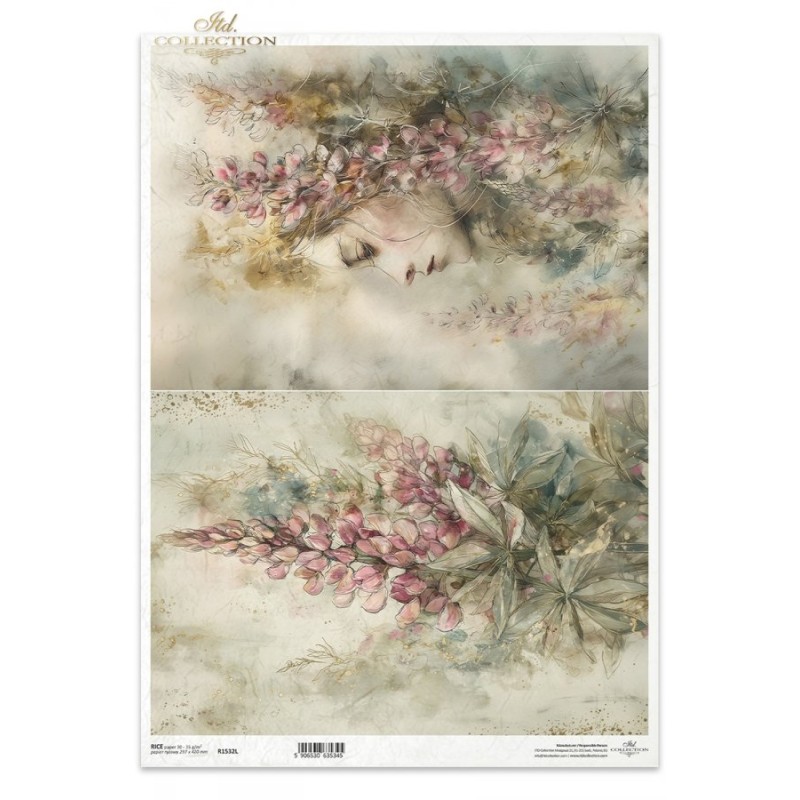 Mujer y lupinos. Papel de arroz A3 decoupage. ITD Collection. R1532L. Los mejores productos en L'aura Bella, tu tienda online