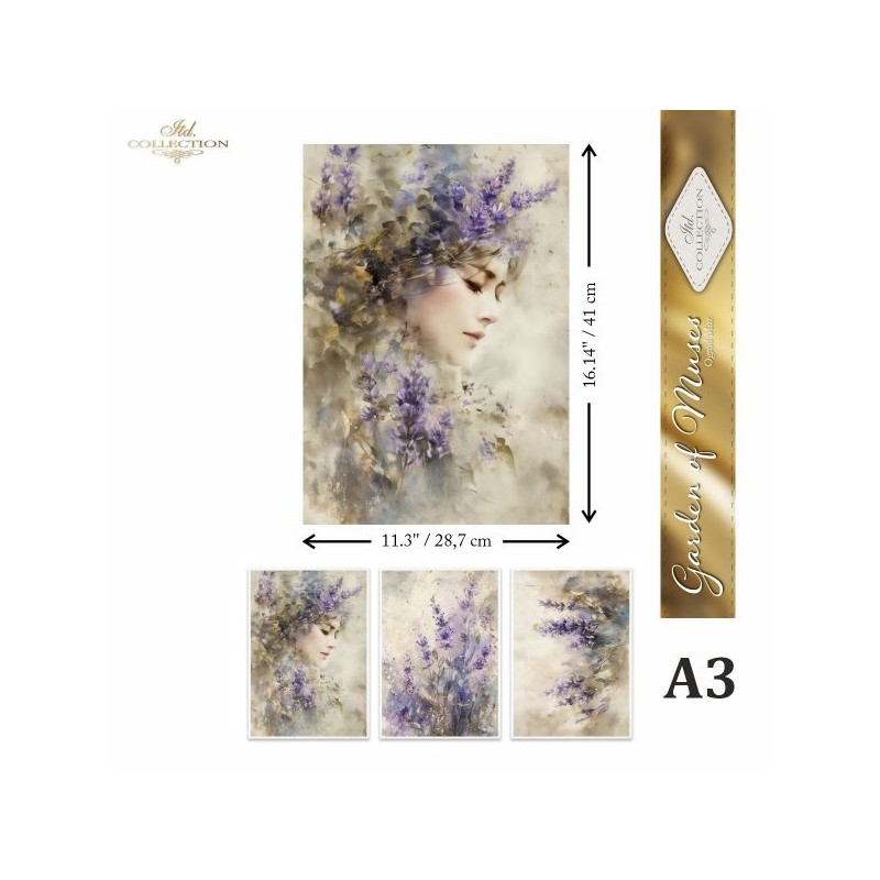 Mujer y lavandas. 3 papel arroz A3  decoupage. ITD Collection. FPA3019. Los mejores productos en L'aura Bella, tu tienda online