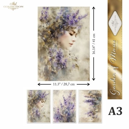 Mujer y lavandas. 3 papel arroz A3  decoupage. ITD Collection. FPA3019. Los mejores productos en L'aura Bella, tu tienda online