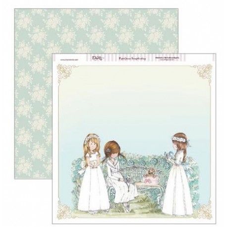 Papel Scrapbooking. SCP-291 Comunión 2019 Dayka. Tres niñas vestidas de Comunión en un jardín.