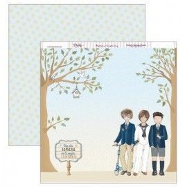 Papel Scrapbooking. SCP-303 Comunión. Tres niños de comunión con arbolitos, patinete y cartel