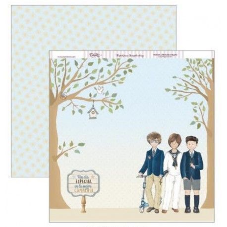 Papel Scrapbooking. SCP-303 Comunión. Tres niños de comunión con arbolitos, patinete y cartel