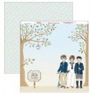 Papel Scrapbooking. SCP-303 Comunión. Tres niños de comunión con arbolitos, patinete y cartel