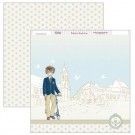 Papel Scrapbooking. SCP-304 Comunión. Niño con gafas y patinete sobre fondo con Iglesia y casa