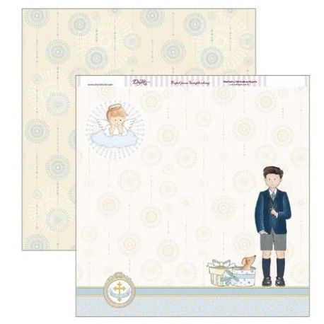 Papel Scrapbooking. SCP-305 Comunión 2019 Dayka. Niño con pantalón corto, un perrito y un ángel.