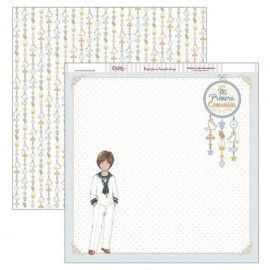 Papel Scrapbooking. SCP-306 Comunión 2019 Dayka. Niño vestido de marinero y atrapasueños con frase: Mi Primera Comunión
