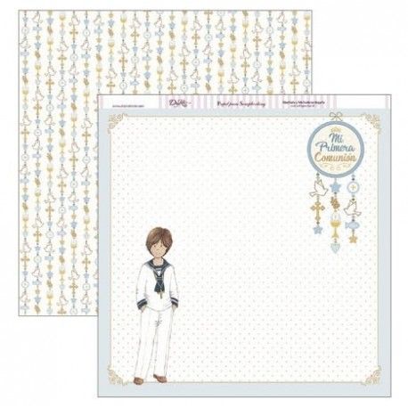 Papel Scrapbooking. SCP-306 Comunión 2019 Dayka. Niño vestido de marinero y atrapasueños con frase: Mi Primera Comunión