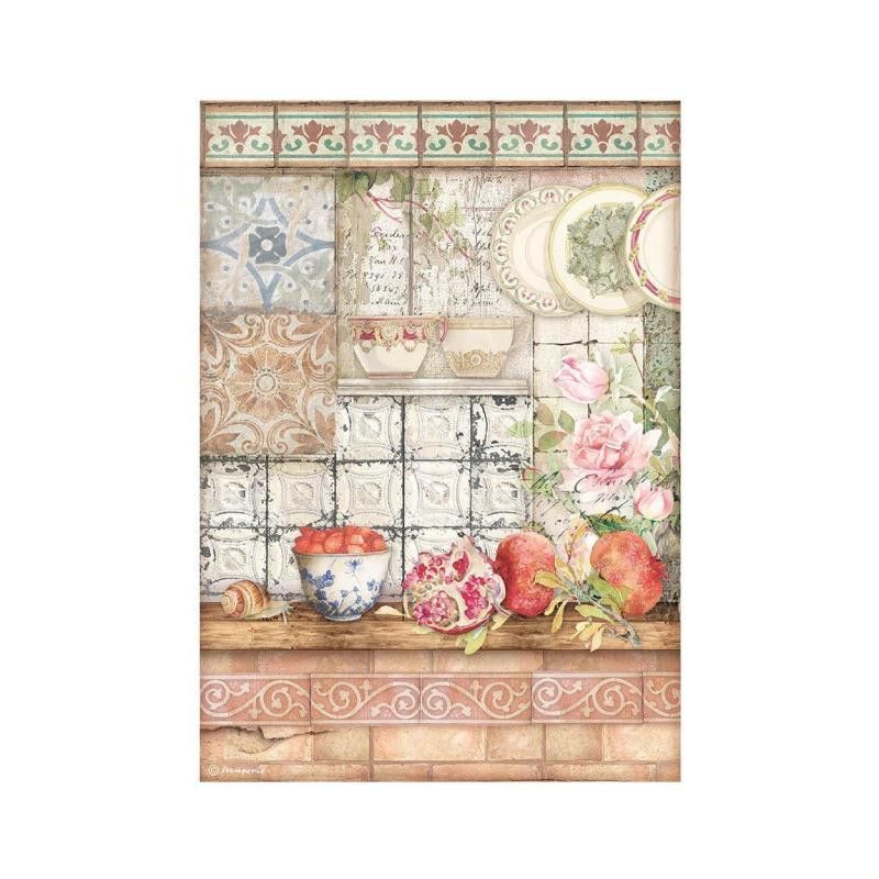 Papel de arroz Granadas y baldosas A4. Stamperia DFSA4655. Los mejores productos en L'aura Bella tu tienda online