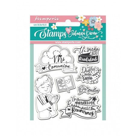 Pack 6 sellos acrílicos Mi Primera Comunión Niño. WTKJR19. Stamperia. Los mejores productos en L'aura Bella tu tienda online.